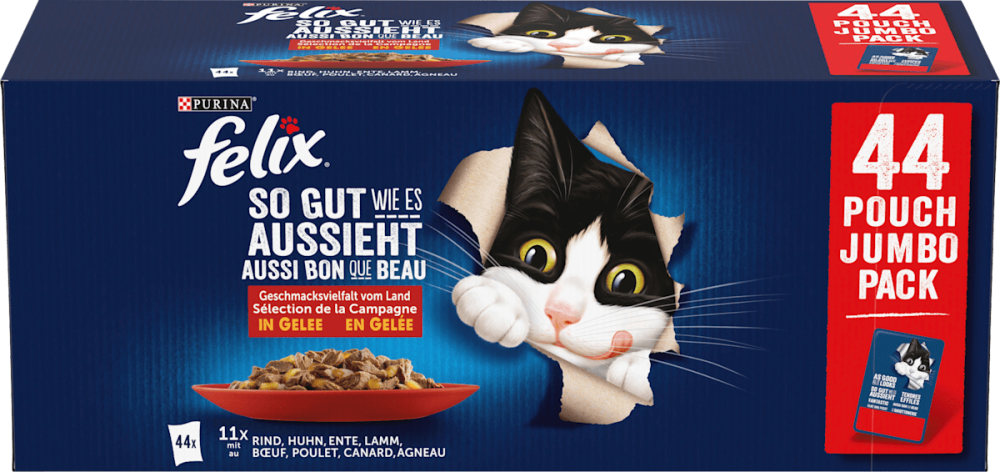 Wet food cat, variety of flavor from land with beef, chicken, duck & lamb in jelly, multipack (44x85 g), 3.74 kg