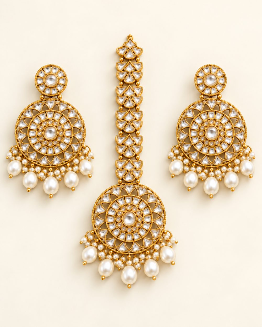 Ivory White Beaded Gold-Tone Chandbali Earrings & Maang Tikka Set