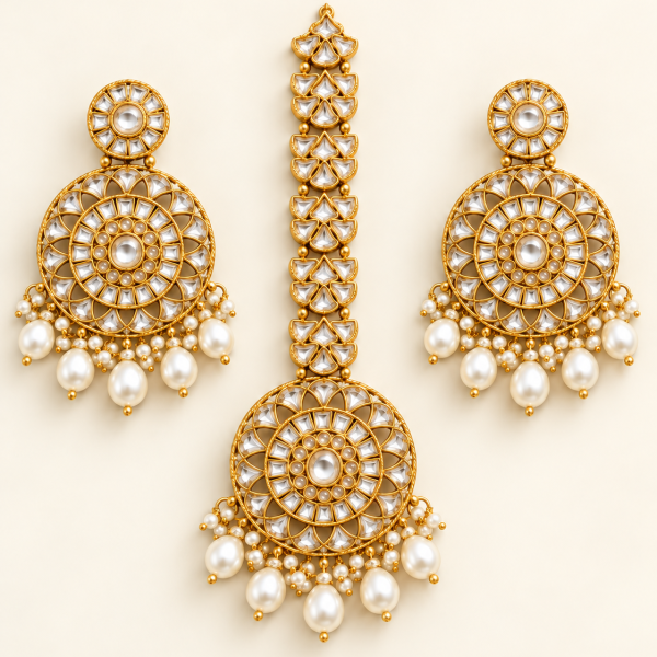 Ivory White Beaded Gold-Tone Chandbali Earrings & Maang Tikka Set