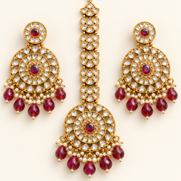 Burgundy Beaded Gold-Tone Chandbali Earrings & Maang Tikka Set