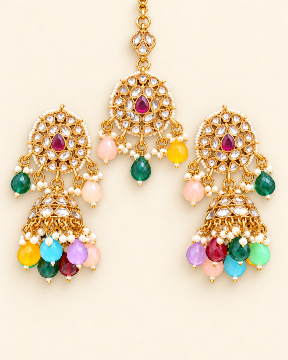 Multicolour Pastel Beaded Kundan-Style Jhumka Earrings & Maang Tikka Set