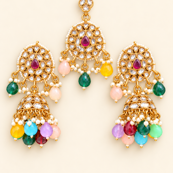 Multicolour Pastel Beaded Kundan-Style Jhumka Earrings & Maang Tikka Set