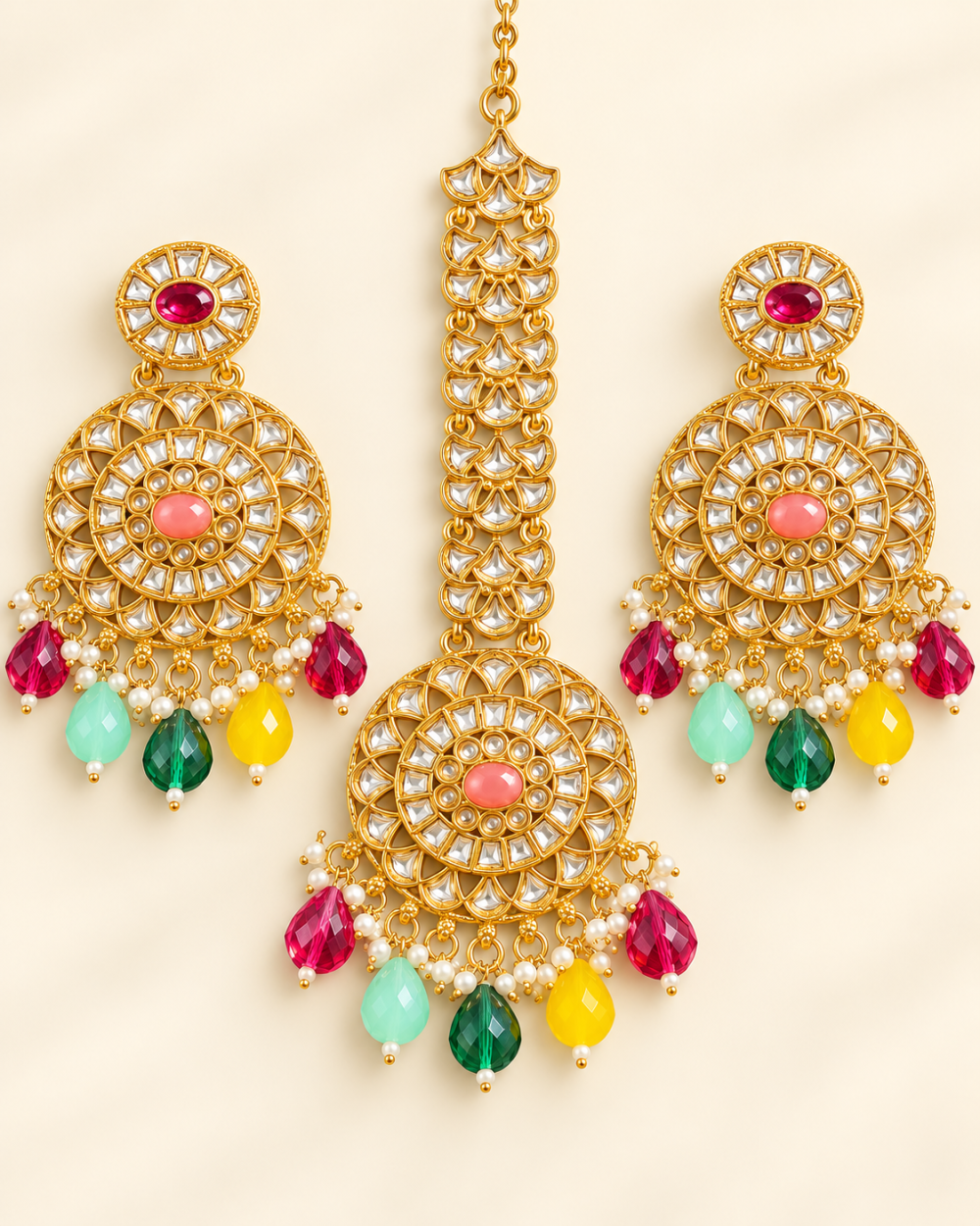 Multicolour Pastel Beaded Gold-Tone Chandbali Earrings & Maang Tikka Set