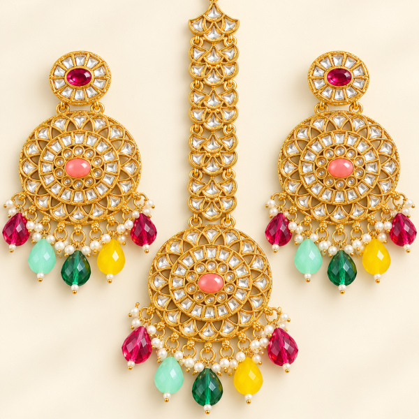 Multicolour Pastel Beaded Gold-Tone Chandbali Earrings & Maang Tikka Set