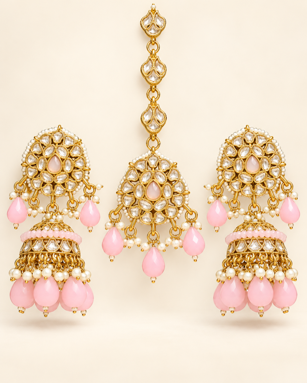 Blush Pink Beaded Kundan-Style Jhumka Earrings & Maang Tikka Set