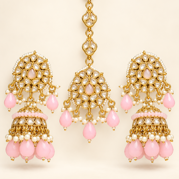 Blush Pink Beaded Kundan-Style Jhumka Earrings & Maang Tikka Set