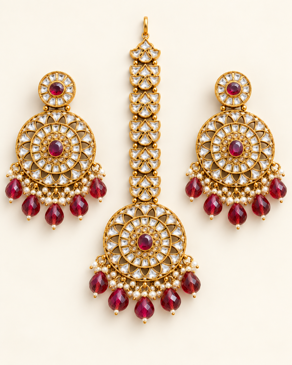 Burgundy Beaded Round Kundan-Style Earrings & Maang Tikka Set