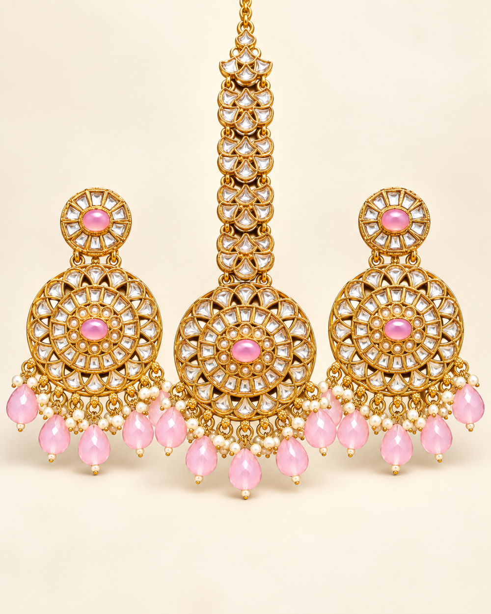 Blush Pink Beaded Round Kundan-Style Earrings & Maang Tikka Set