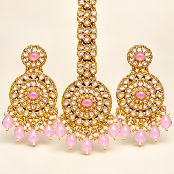 Blush Pink Beaded Round Kundan-Style Earrings & Maang Tikka Set