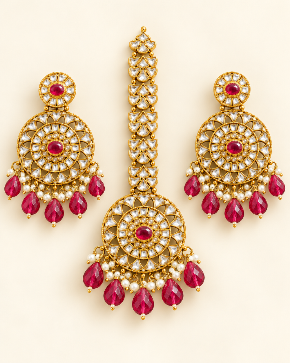 Ruby Red Beaded Gold-Tone Chandbali Earrings & Maang Tikka Set