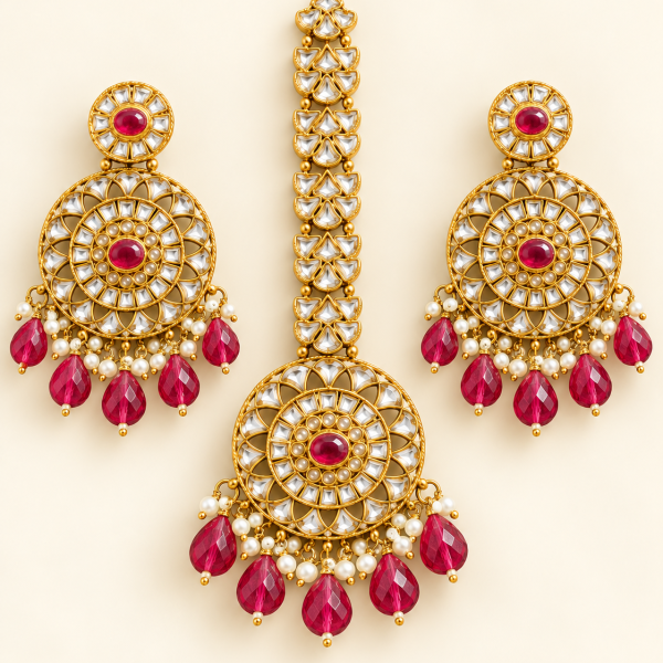 Ruby Red Beaded Gold-Tone Chandbali Earrings & Maang Tikka Set