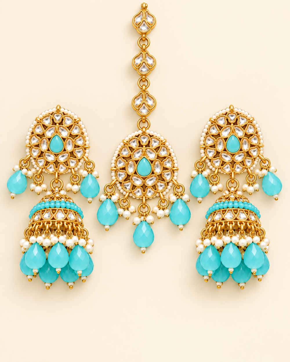 Turquoise Blue Beaded Kundan-Style Jhumka Earrings & Maang Tikka Set