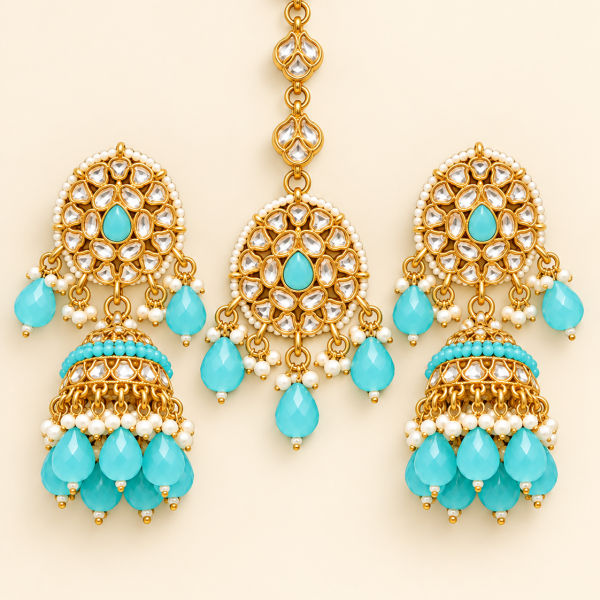 Turquoise Blue Beaded Kundan-Style Jhumka Earrings & Maang Tikka Set