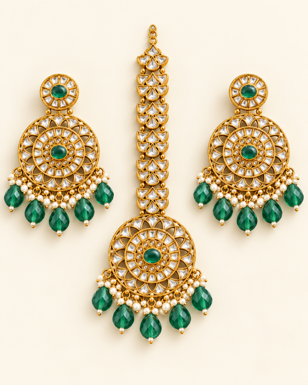 Teal Green Beaded Round Kundan-Style Earrings & Maang Tikka Set