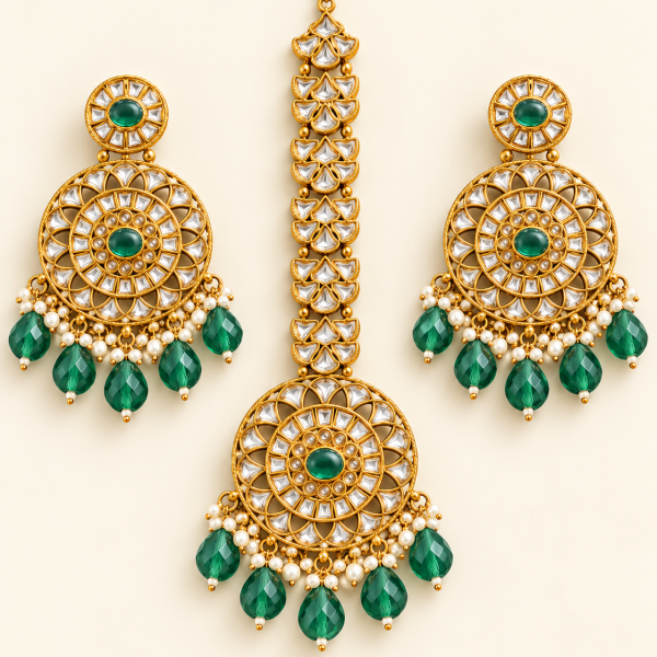 Teal Green Beaded Round Kundan-Style Earrings & Maang Tikka Set