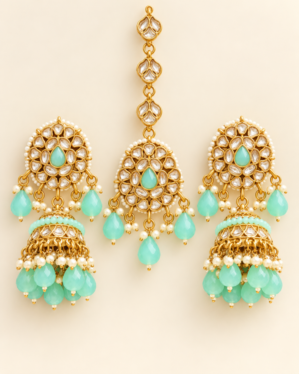 Mint Green Beaded Kundan-Style Jhumka Earrings & Maang Tikka Set