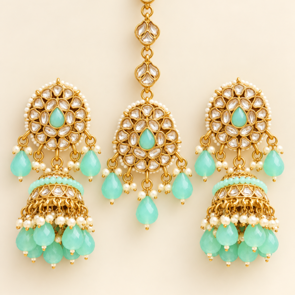 Mint Green Beaded Kundan-Style Jhumka Earrings & Maang Tikka Set