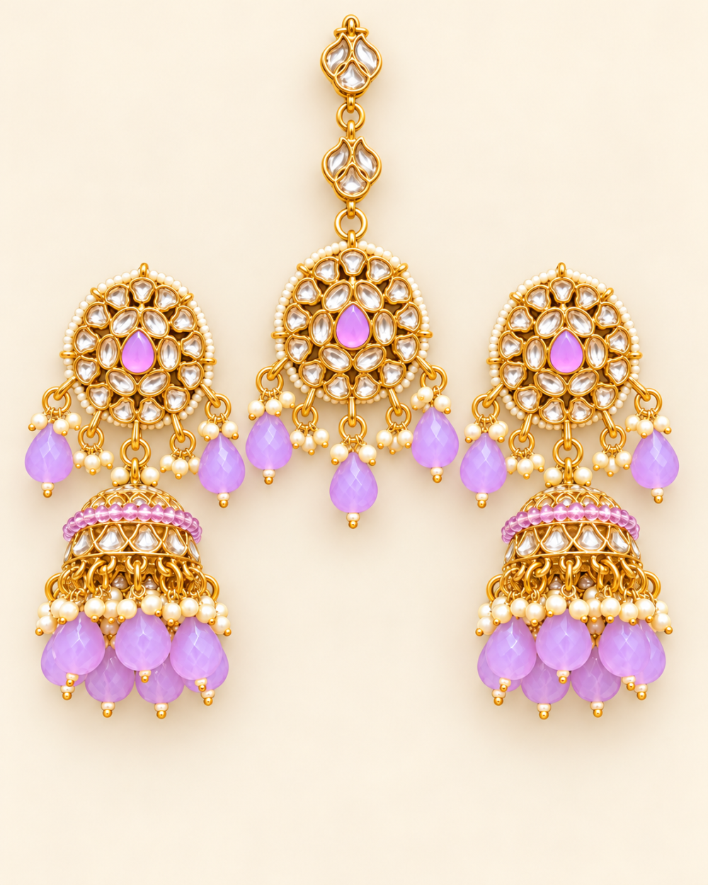 Lavender Beaded Kundan-Style Jhumka Earrings & Maang Tikka Set
