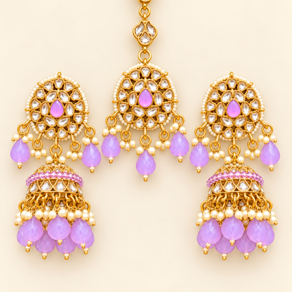 Lavender Beaded Kundan-Style Jhumka Earrings & Maang Tikka Set