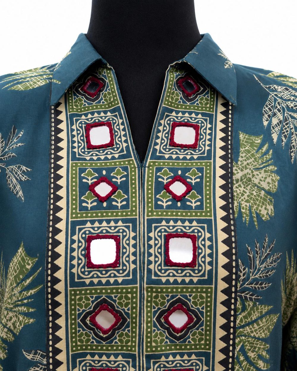 Teal Mirror-Work Printed kurti