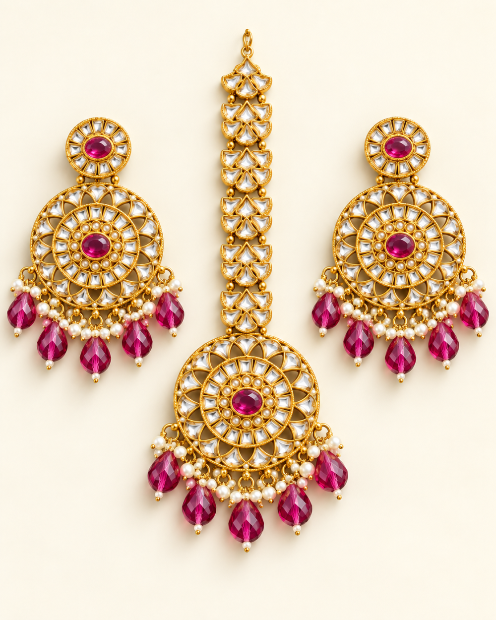 Fuchsia Pink Beaded Round Kundan-Style Earrings & Maang Tikka Set