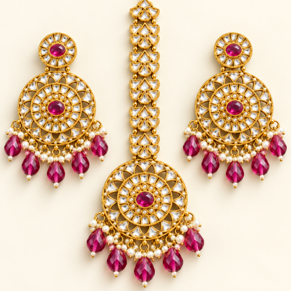 Fuchsia Pink Beaded Round Kundan-Style Earrings & Maang Tikka Set