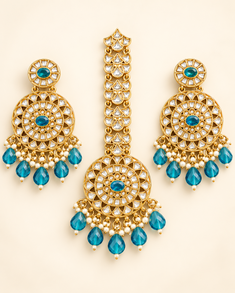 Turquoise Blue Beaded Round Kundan-Style Earrings & Maang Tikka Set
