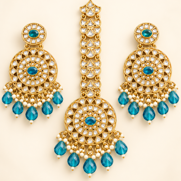 Turquoise Blue Beaded Round Kundan-Style Earrings & Maang Tikka Set