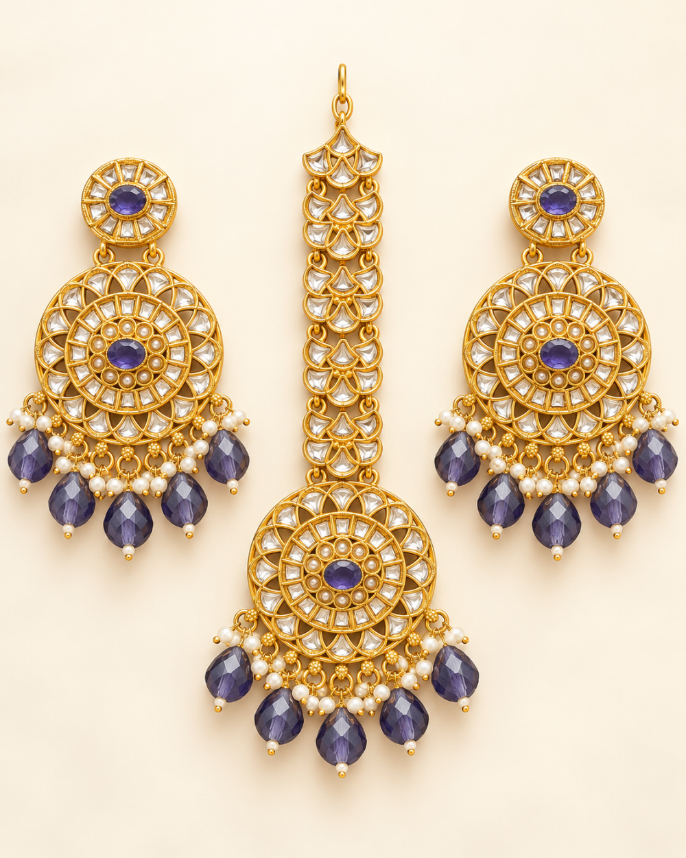 Purple Beaded Round Kundan-Style Earrings & Maang Tikka Set