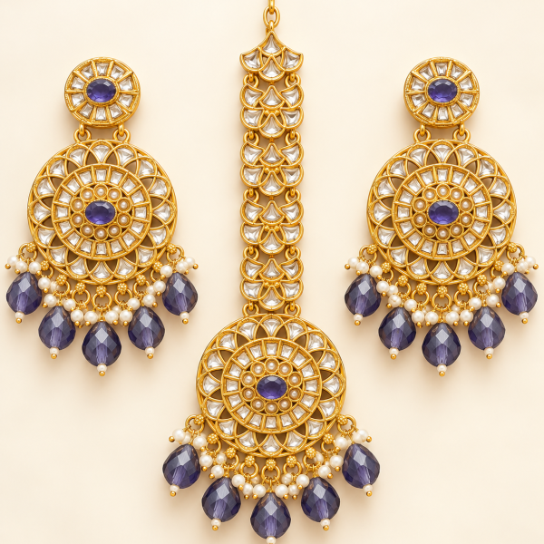Purple Beaded Round Kundan-Style Earrings & Maang Tikka Set