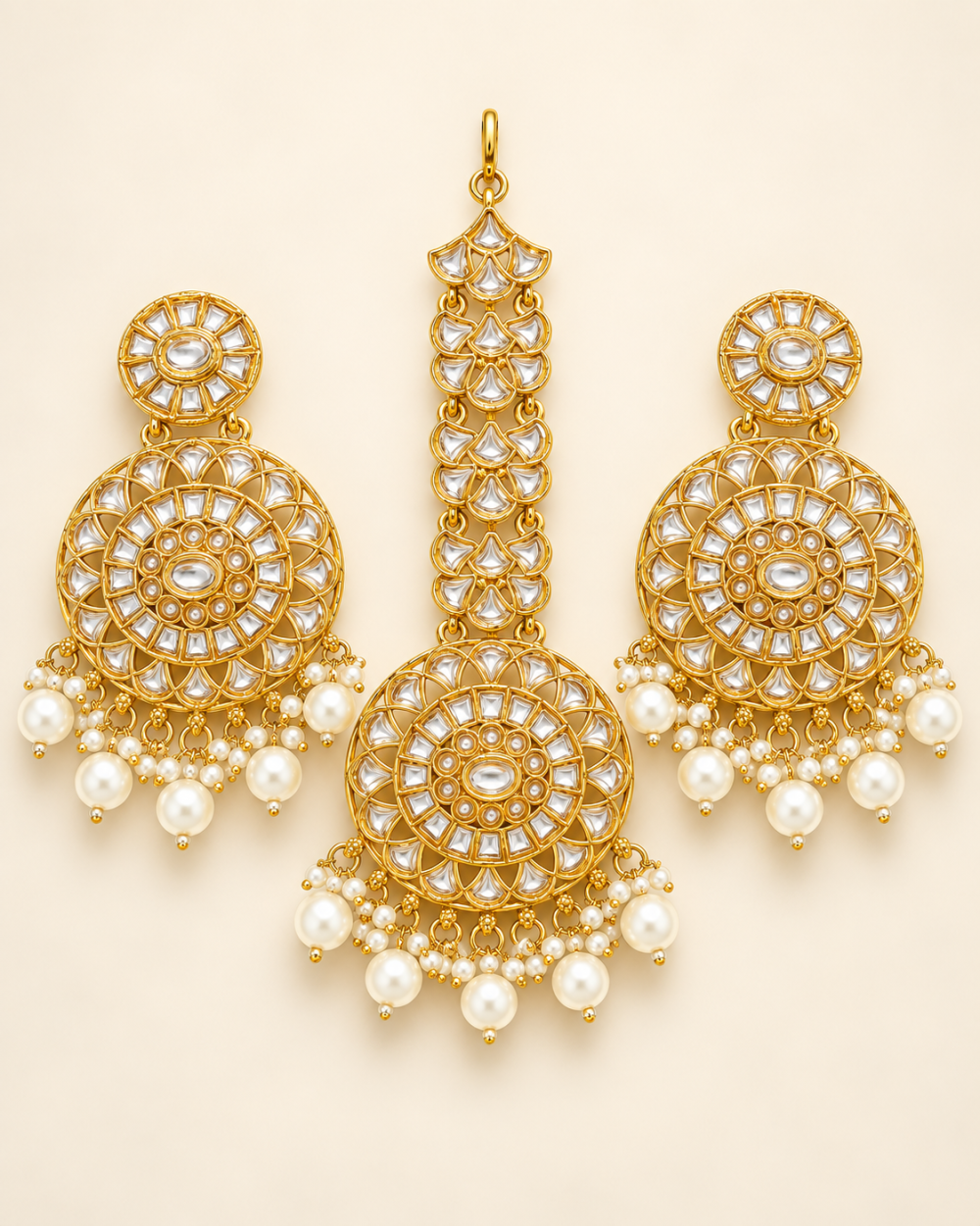 Ivory White Beaded Gold-Tone Chandbali Earrings & Maang Tikka Set