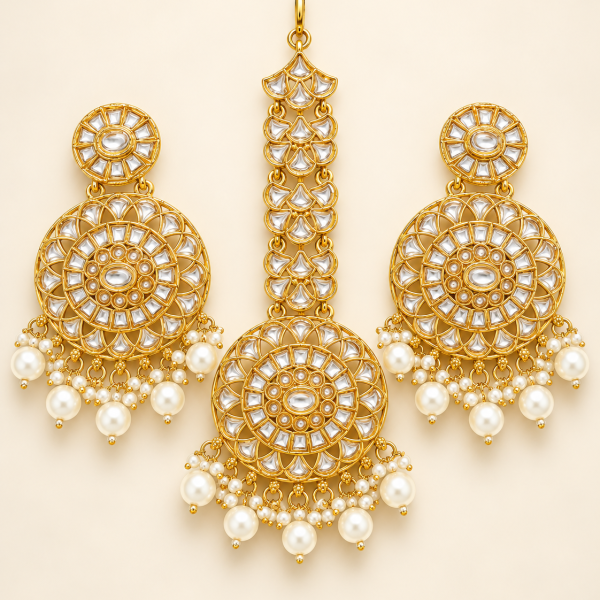 Ivory White Beaded Gold-Tone Chandbali Earrings & Maang Tikka Set