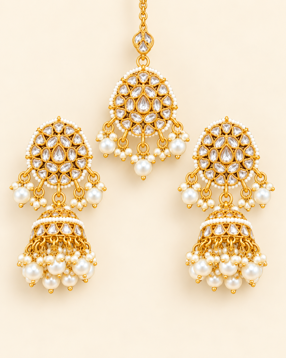 Ivory White Beaded Kundan-Style Jhumka Earrings & Maang Tikka Set