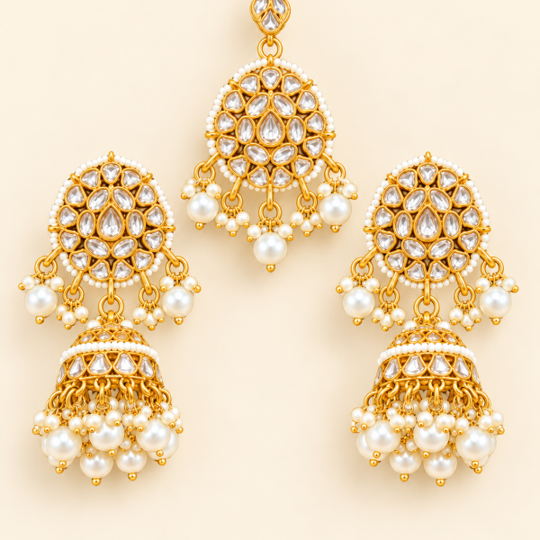Ivory White Beaded Kundan-Style Jhumka Earrings & Maang Tikka Set