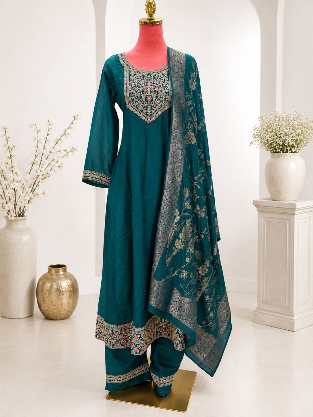 Teal Embroidered 3-Piece Suit