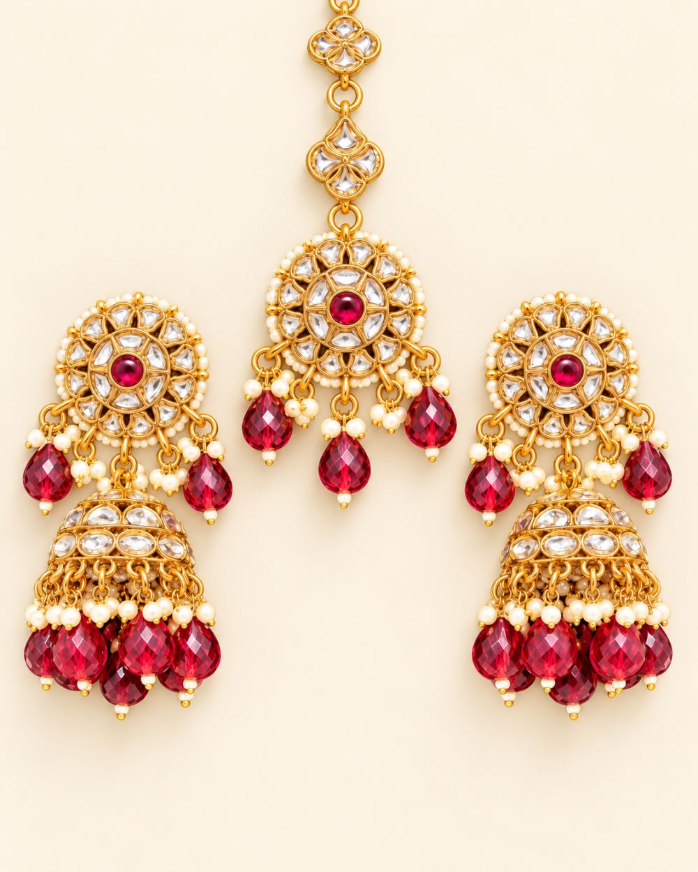 Ruby Red Beaded Kundan-Style Jhumka Earrings & Maang Tikka Set