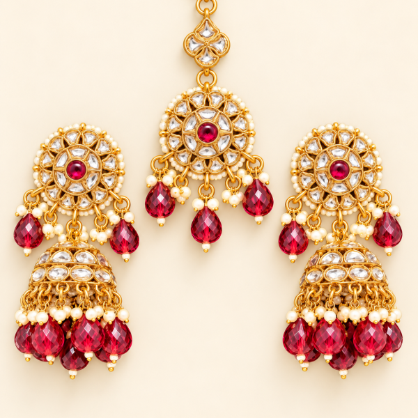 Ruby Red Beaded Kundan-Style Jhumka Earrings & Maang Tikka Set