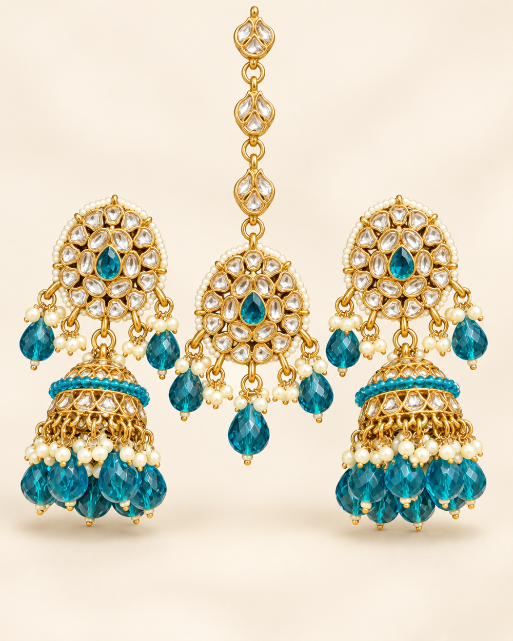Deep Teal Beaded Kundan-Style Jhumka Earrings & Maang Tikka Set