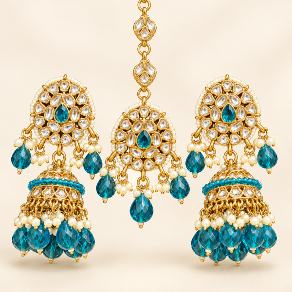 Deep Teal Beaded Kundan-Style Jhumka Earrings & Maang Tikka Set