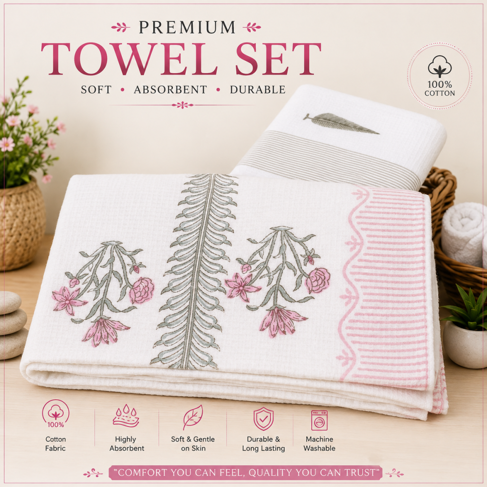 White towel with pink flower print