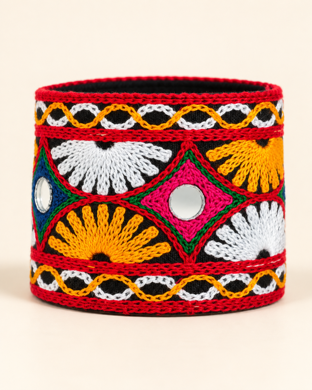 Embroidered Navratri Mirror Cuff Bracelet - Fan Motif