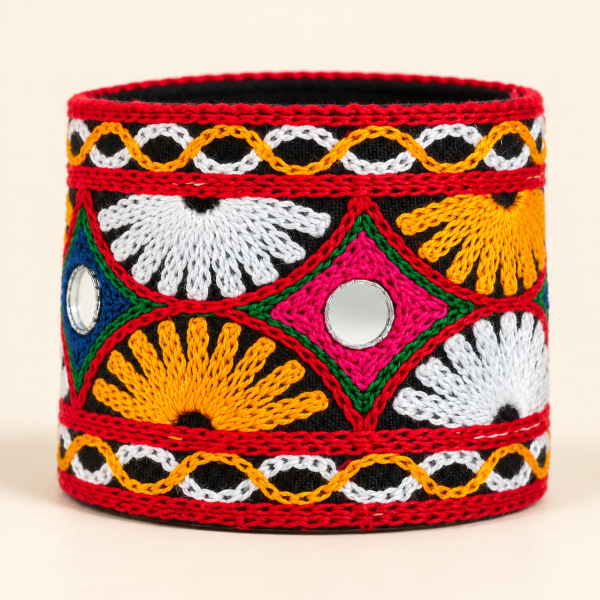 Embroidered Navratri Mirror Cuff Bracelet - Fan Motif