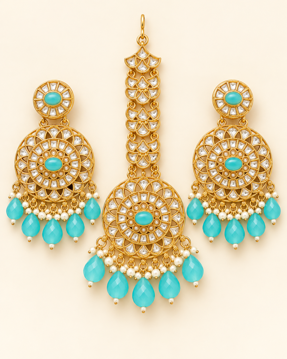 Turquoise Blue Beaded Gold-Tone Chandbali Earrings & Maang Tikka Set