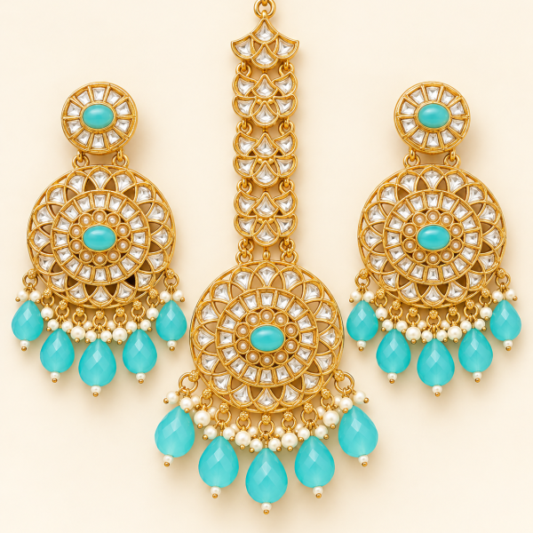Turquoise Blue Beaded Gold-Tone Chandbali Earrings & Maang Tikka Set